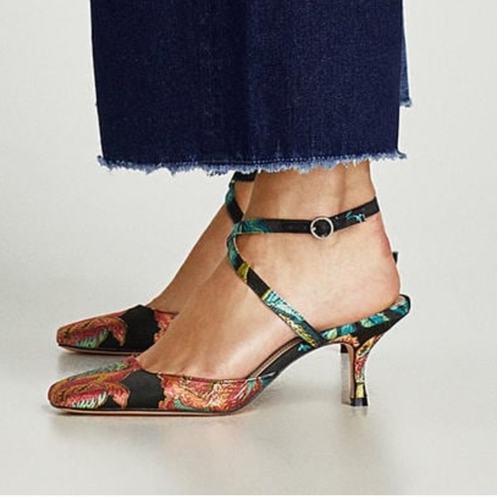 Zara Ankle Strap Floral Jacquard Kitten Heels